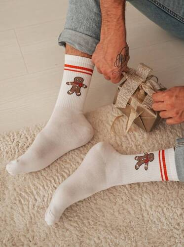 1290-027 Großer Keks mit Streifen Milena Herren-Weihnachtssocken – weiß