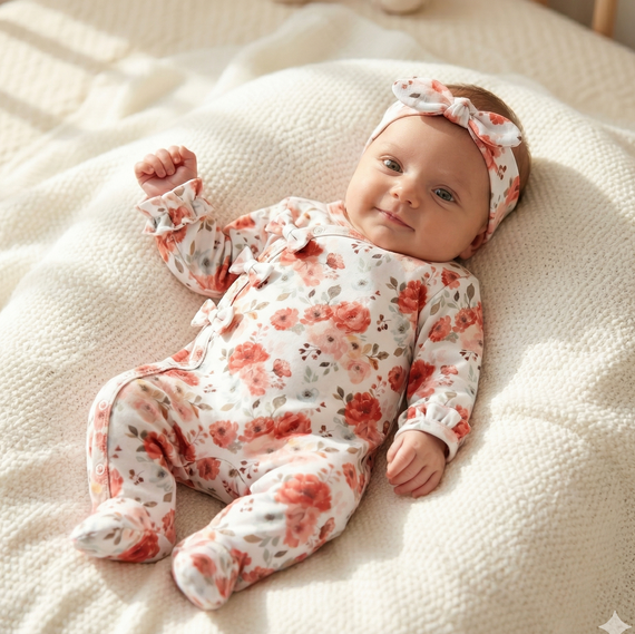 ABK-0054 NINI Roses Baby-Set aus Bio-Baumwolle Strampler mit Stirnband