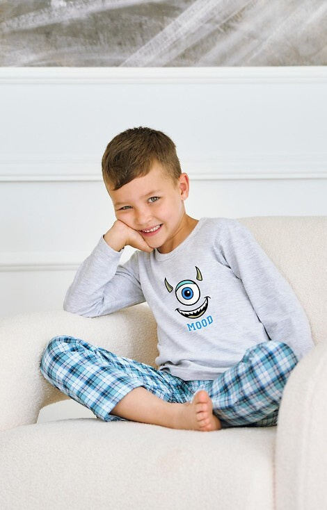 3499, 3500 Joel Taro Jungenpyjama, Grau – Baumwolle, bedruckt, karierte Hose