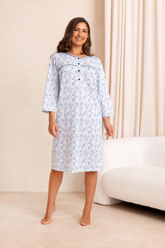 Nachthemd Regina 022 100% Baumwolle 7/8-Arm Pflanzliches Muster - blau