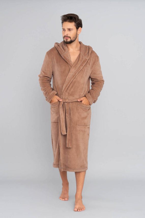 Mimas Herren Bademantel mit Kapuze Italian Fashion- camel 