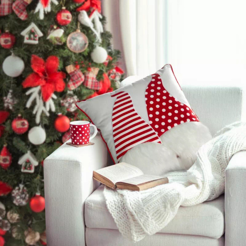 Chp 152 Eurofirany Weihnachtskissenbezug – weiß mit roten Zwergen, dekorativ
