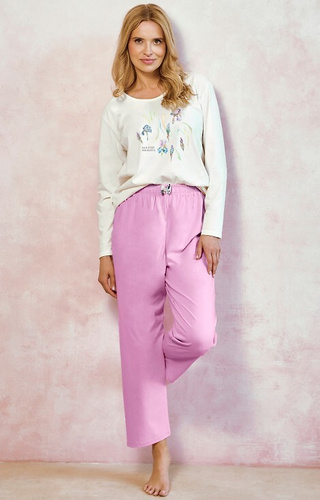 3459 Monica Damen-Pyjama Taro creme – 100 % Baumwolle, lange Ärmel, Blumendruck