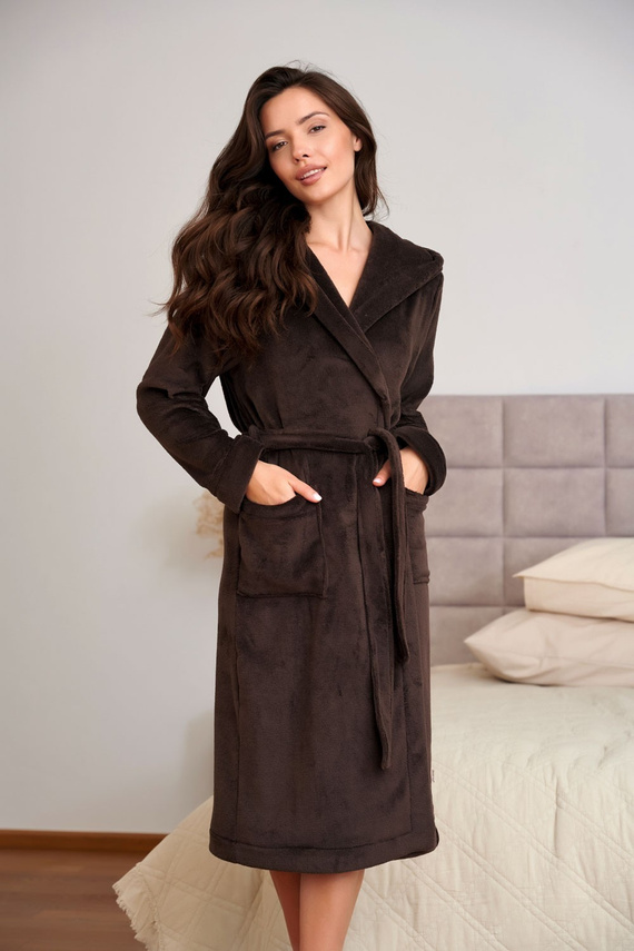 Doctor Nap 7548 Brownie Damenbademantel Soft Lang mit Kapuze Braun