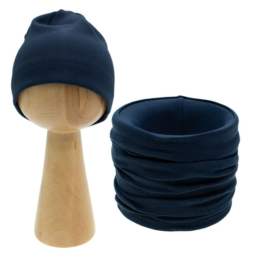 219268 Willy Nicol Set: Mütze + Halswärmer, Baumwolle – Marineblau, gestreift