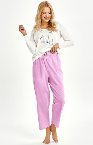 3459 Monica Damen-Pyjama Taro creme – 100 % Baumwolle, lange Ärmel, Blumendruck