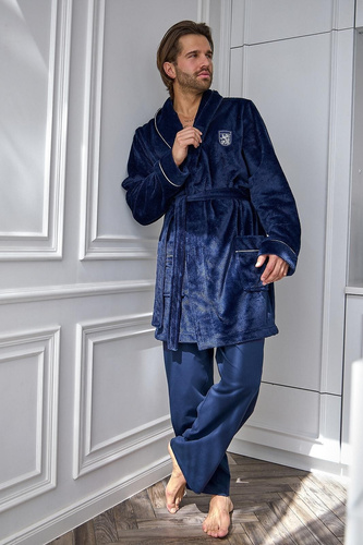 L&L Elegant 2664 Herren Bademantel kurz, weicher Waffelstoff mit Kragen, marineblau