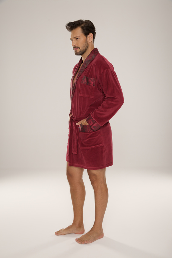 866 Noble Men's De Lafense Velours Bademantel - kurz, elegant, Baumwolle - burgunderrot