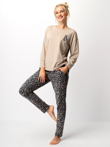 Key LNS 707 Damen-Pyjama, Beige – Baumwolle, lange Ärmel, elegant