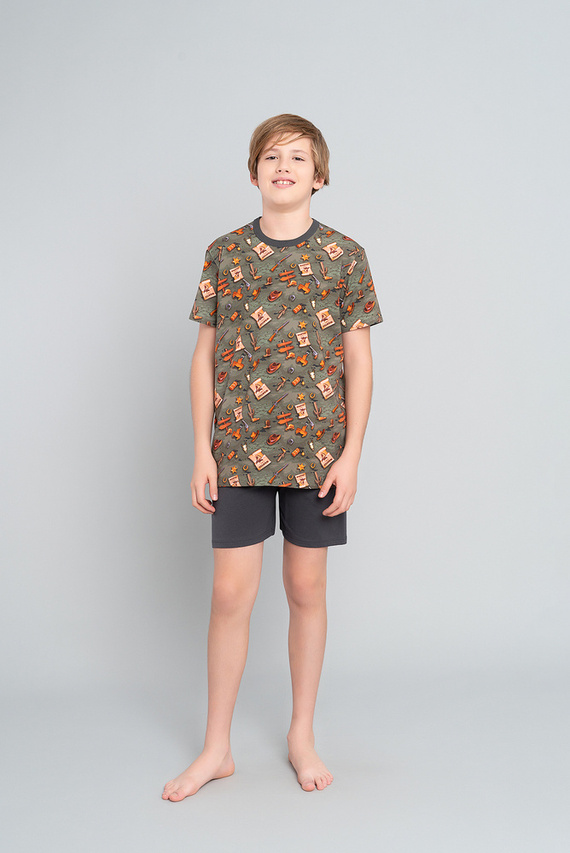 Western Jungen Schlafanzug mit kurzen Ärmeln, Hose Italian Fashion - olive/graphit