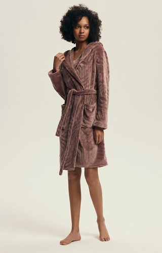 43602 Devyn Damen-Bademantel mit Kapuze Henderson Mahagoni – kurz, warm, Samt