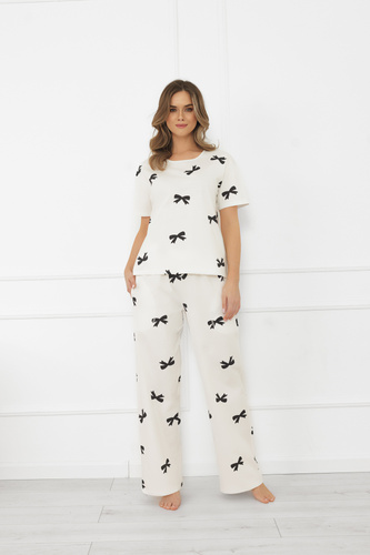 Damenpyjama Figaro - ecru, Baumwolle, kurze Ärmel + lange Hose Italian Fashion
