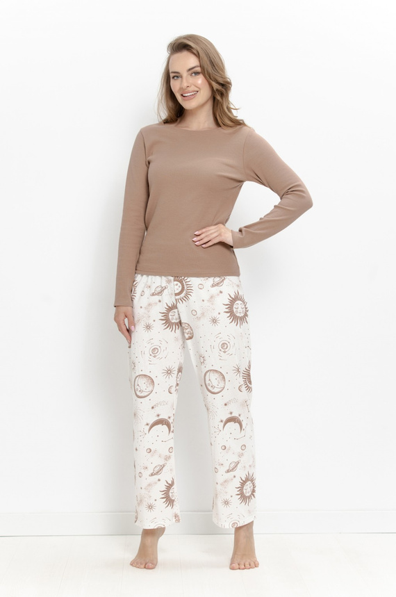 Damen-Pyjama Taro Astra 3618 aus Baumwolle, lang, braun mit Weltenmotiv
