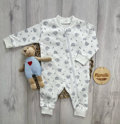 Mamatti Babystrampler Weiß mit Bärenmotiv aus Baumwolle mit Reißverschluss