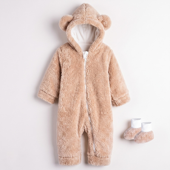 227270 Nicol BENEK Baby-Strampler mit Bärchenmuster + beige Baby-Booties mit Kapuze