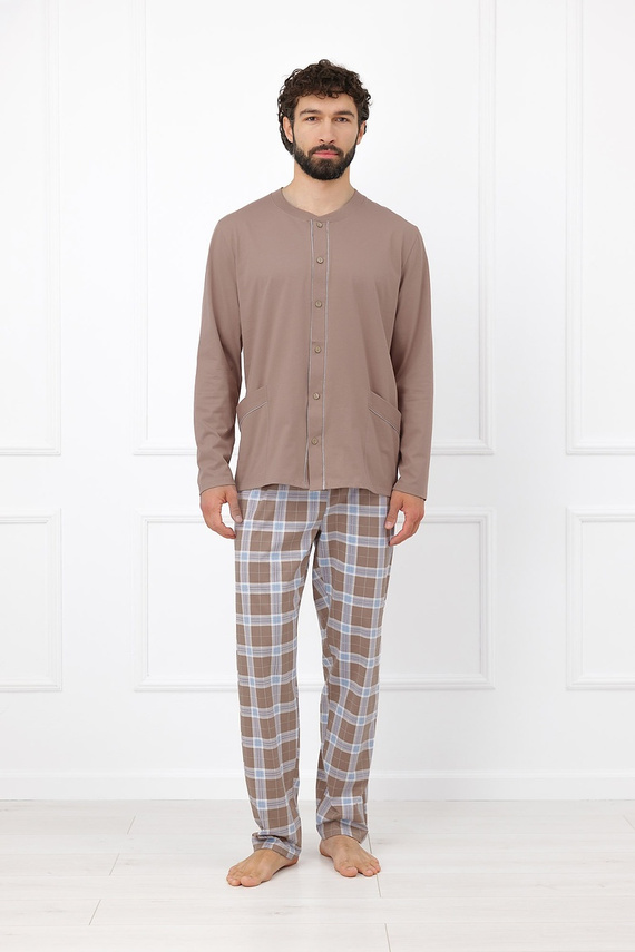 Italian Fashion Wilhelm Herren-Pyjama 100% Baumwolle Knöpfe Kariert - Cappuccino