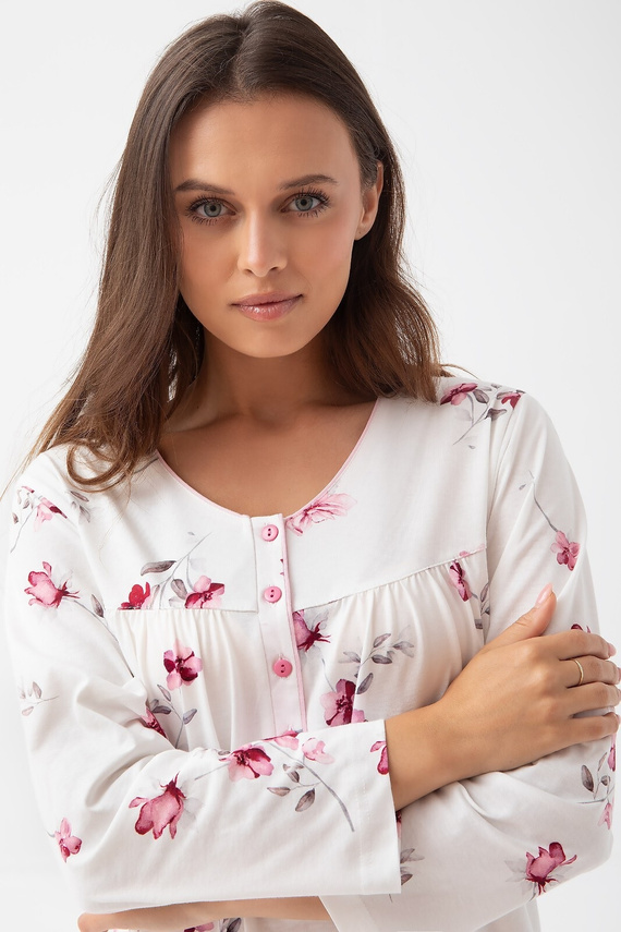 338 Luna Ecru-Nachthemd – Baumwolle, lange Ärmel, geknöpfter Ausschnitt