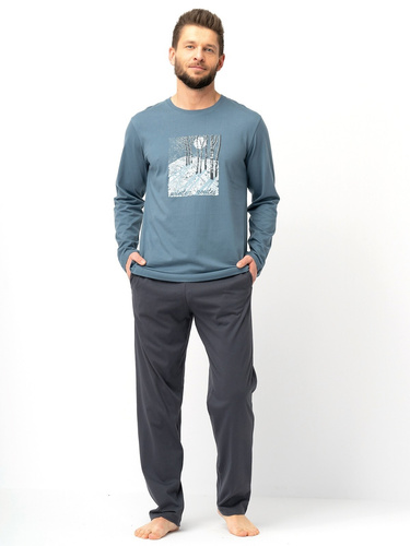 Herrenpyjama Key MNS 627 grau – Baumwolle, lange Ärmel, klassischer Schnitt