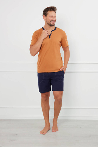 Julius Herren Kurzarm-Pyjama, Shorts Italian Fashion - cognac/grün