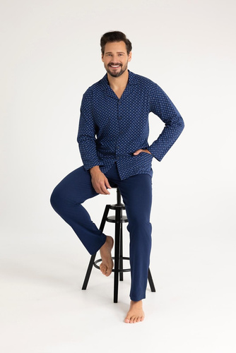 Herren-Baumwollpyjama Regina 486 Marineblau – lange Ärmel, geknöpft, klassischer Schnitt