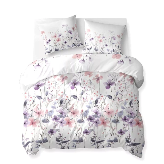 5773 B Cotton Bloom Detexpol weiße Baumwollbettwäsche mit rosa und lila Wildblumen – 100 % Baumwolle, doppelseitig, polnische Produktion