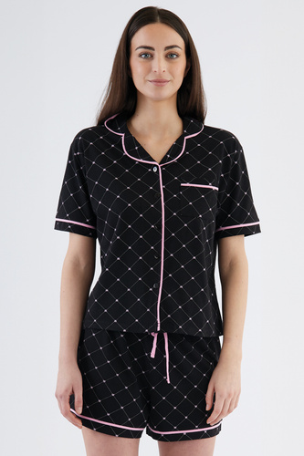 Coraline Sorbetto Damenpyjama, Schwarz – Hemdoberteil, kurze Shorts, 100 % Baumwolle