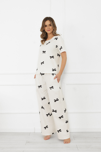 Damenpyjama Figaro - ecru, Baumwolle, kurze Ärmel + lange Hose Italian Fashion