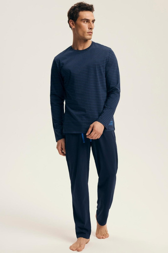 Premium-Herrenpyjama 43455 New Henderson, Marineblau – Baumwolle, lange Ärmel, elegante Verpackung