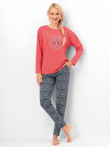 Damenpyjama Key LNS 703 Koralle – Baumwolle, lange Ärmel, elegant