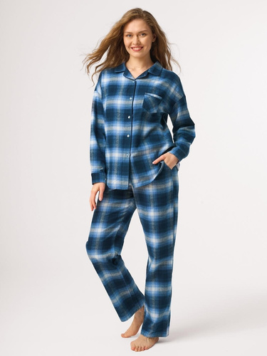 Damen-Pyjama Key LNS 465 blau, Flanell, zum Knöpfen, 100% Baumwolle