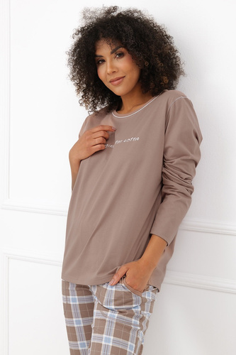 Damen-Pyjama Italian Fashion Delma 100% Baumwolle Lang Hose Kariert-Cappuccino