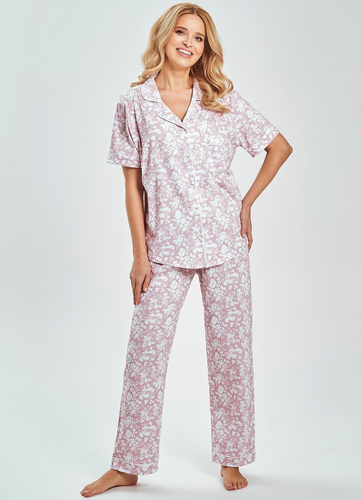 Damenpyjama 3544 Lora Taro | 100% Baumwolle mit Blumenmuster | Hemdstil mit Kragen, Knöpfen & langer Hose