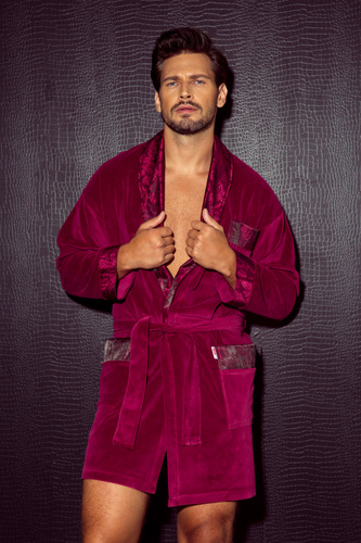 866 Noble Men's De Lafense Velours Bademantel - kurz, elegant, Baumwolle - burgunderrot