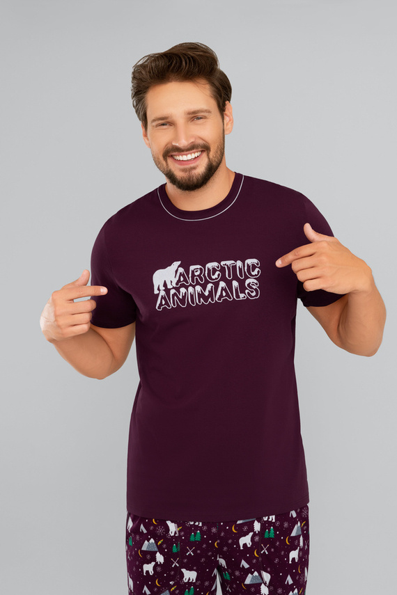 Manfred Herren Schlafanzug mit kurzen Ärmeln, lange Hose Italienische Mode- burgunderrot/print burgunderrot