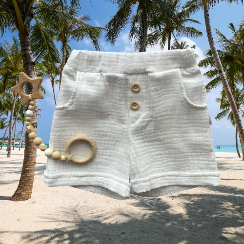 SZ55308 Mamatti blaue Musselin-Shorts mit Taschen und Knöpfen für den Sommer