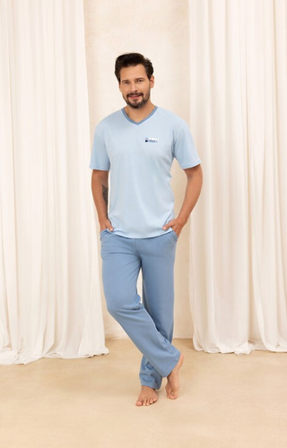 Blauer Herren-Baumwollpyjama 498 Regina – T-Shirt mit V-Ausschnitt + lange Hose