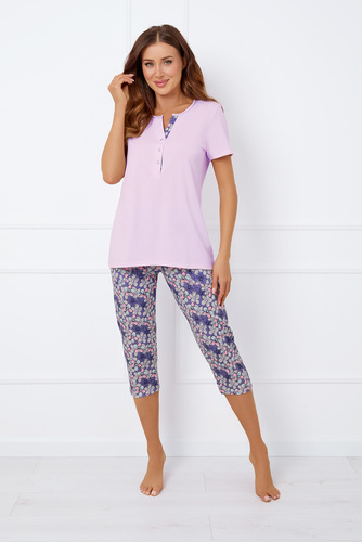 Carbonia Damen Schlafanzug mit kurzen Ärmeln, 3/4 Hose Italian Fashion - rosa/print 