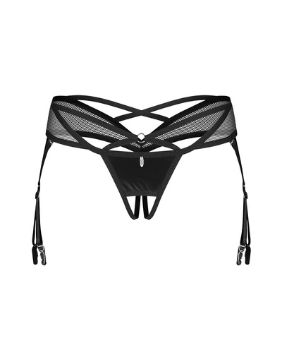 Obsessive Dominna Crotchless Thong schwarzer Tanga – Latexglanz, offener Schritt, Strumpfhalter