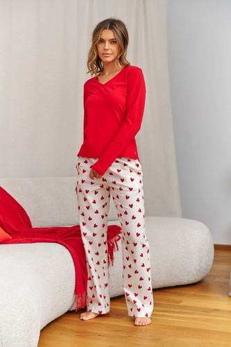 Damen-Pyjama Doctor Nap Amour, rote Bluse + Flanellhose, 100% Baumwolle