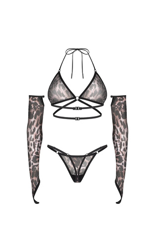 Set Obsessive Addia Soft-BH im Panthermuster, String und Handschuhe