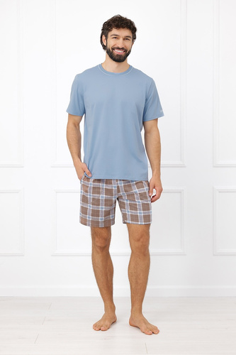 Herren-Pyjama Italian Fashion Dante aus Baumwolle, kurz, Shorts, kariert, Taschen – Stahlfarben