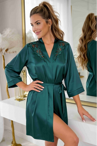 Donna Mela Damen Satin-Bademantel Grün Negligé mit Spitze 7/8-Arm