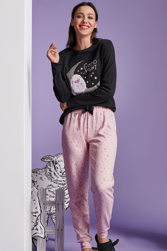 Shearly Piżama damska Sorbetto czarna – 100% bawełna, aplikacja 3D, spodnie z ściągaczami
