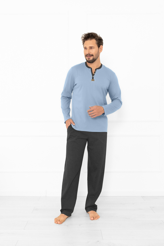 Julius Herrenschlafanzug Italian Fashion steel - Baumwolle, Hemd mit Knopfleiste