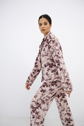 Sensis Thalia Damen Velours-Pyjama mit Knöpfen, lang, rosa