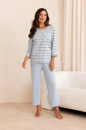 Damen-Pyjama Regina 4025 100% Baumwolle Streifen Ärmel und 7/8-Hose - Blau