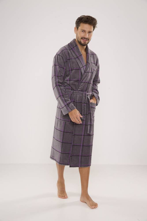 803 / 819 Twin Forex Frottee-Morgenmantel für Herren - grau mit lila Karos (grau kariert)