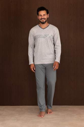 Herren-Pyjama Regina 6010 100% Baumwolle Langarm Bequem Für Ganzjährig Grau