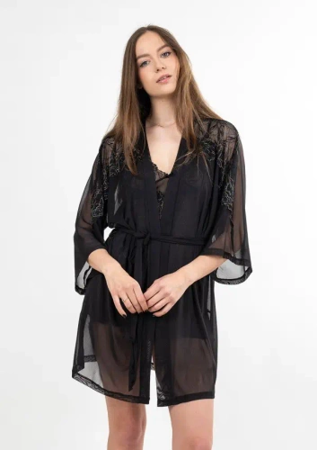 Zora Hausmantel aus schwarzem Tüll Dkaren | eleganter Damenbademantel aus Tüll