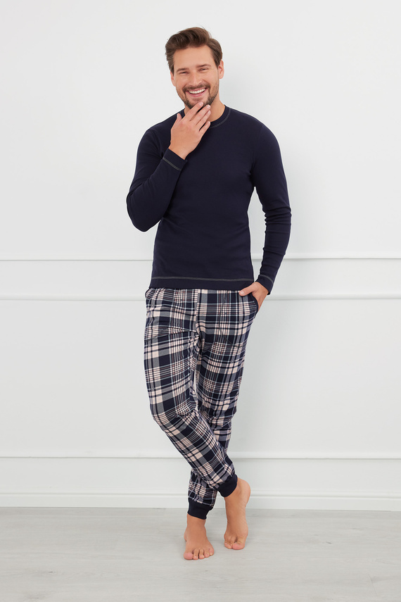 Brit Pajamas Herren Schlafanzug langarm, lange Hose Italienische Mode - marineblau/print 